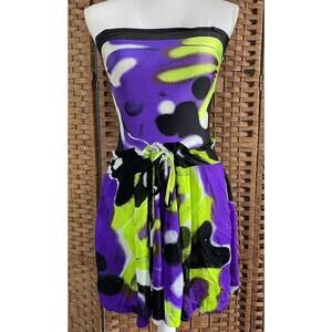 VTG STE JAN-MARIE Purple Print Green Nylon Strapless Swimsuit Shorts Set 8 Neon
